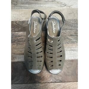 SKECHERS Parallel Trapezoid Wedge Sandal Tan 8.5 Peep Toe Suede Leather NWOT
